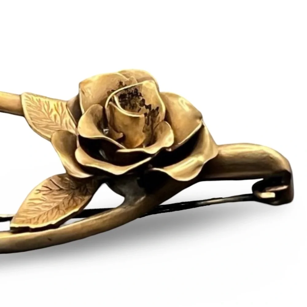Vintage 1940s Gold Gilded Brass Wishbone Rose Brooch Pin